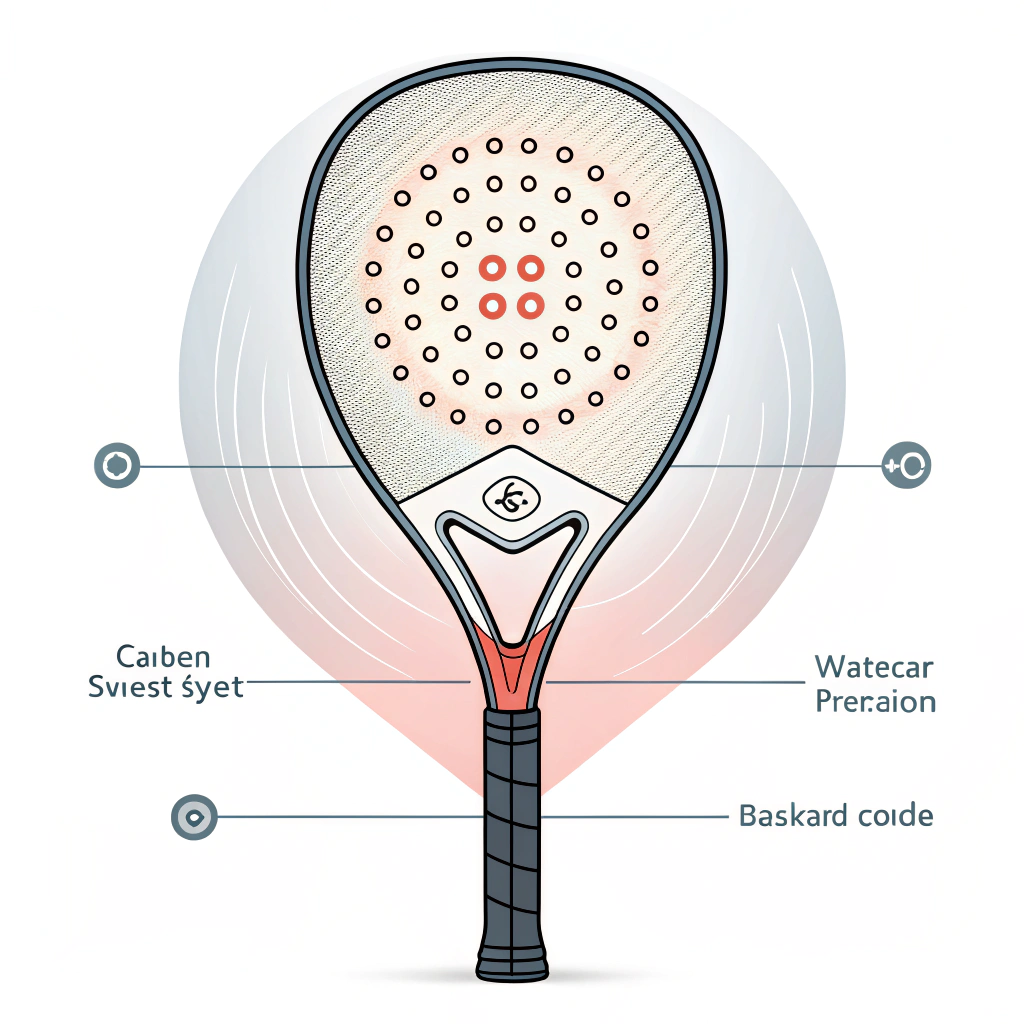 Minimal illustration of a padel racket showing a highlighted sweet spot with carbon fiber details
