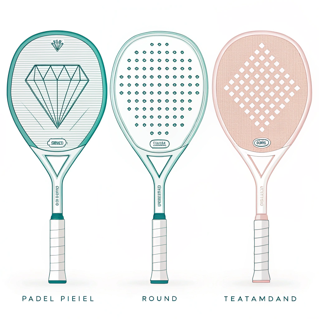 Flat design illustration of three padel rackets in diamond, round, and teardrop styles