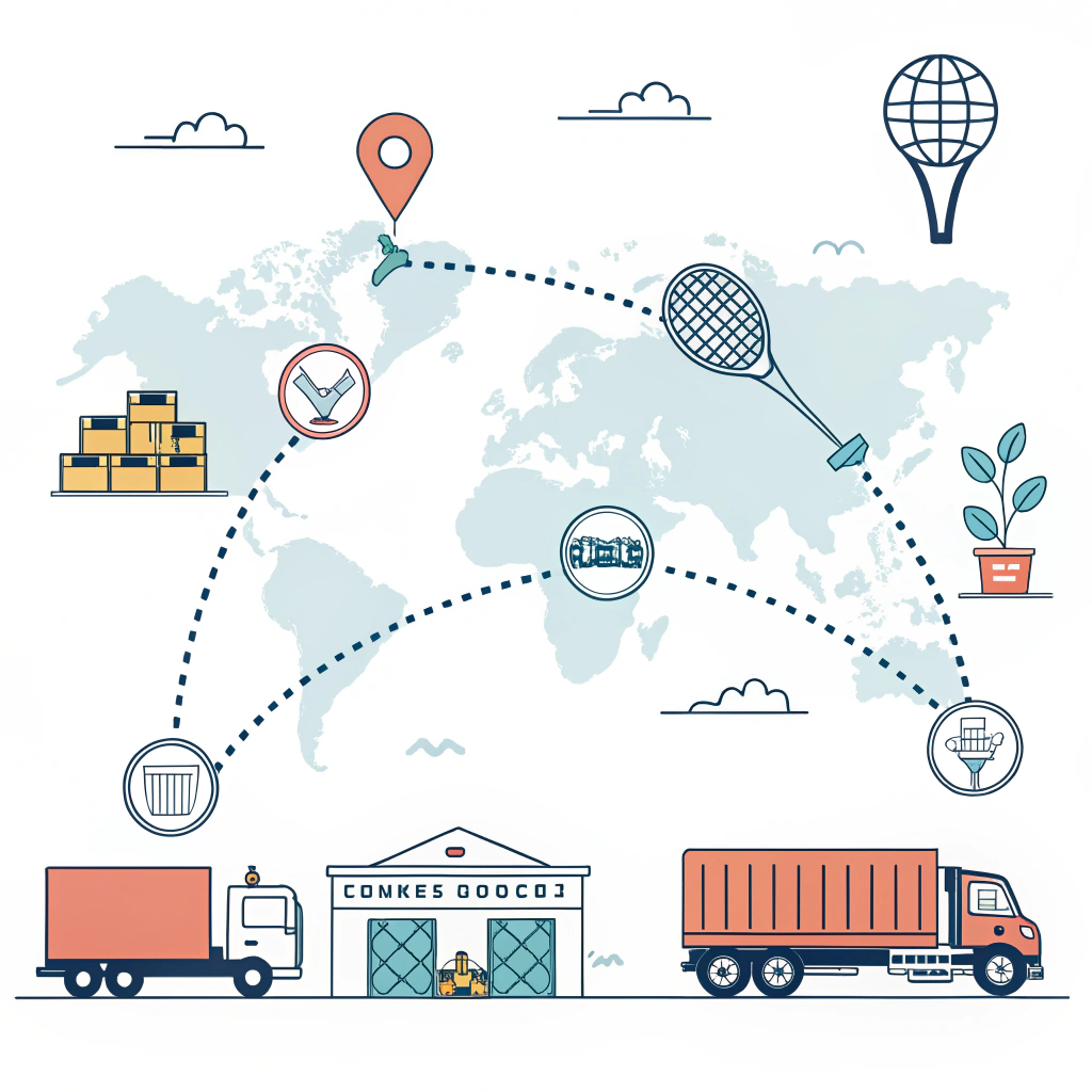 Flat design illustration showcasing global logistics and efficient delivery of padel equipment.