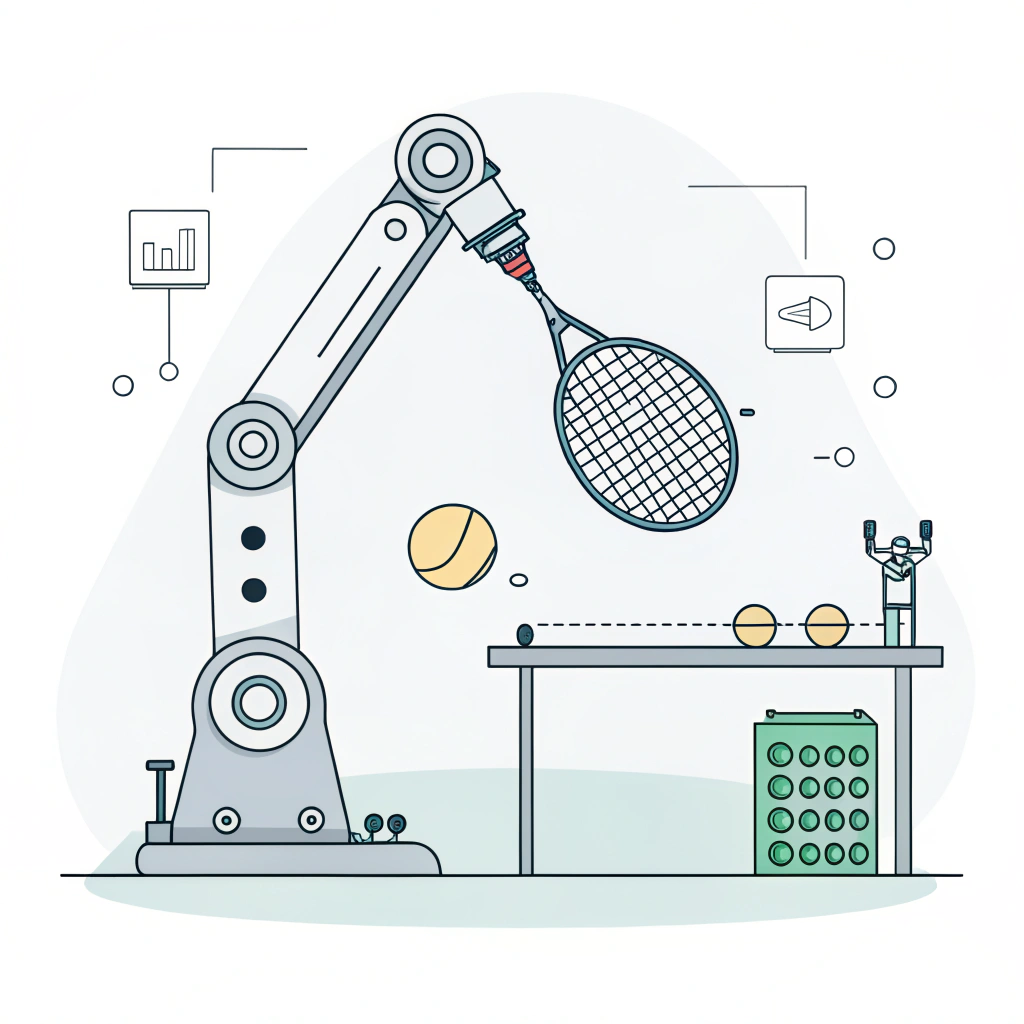 Minimal illustration of a robotic arm testing a padel racket’s sweet spot.