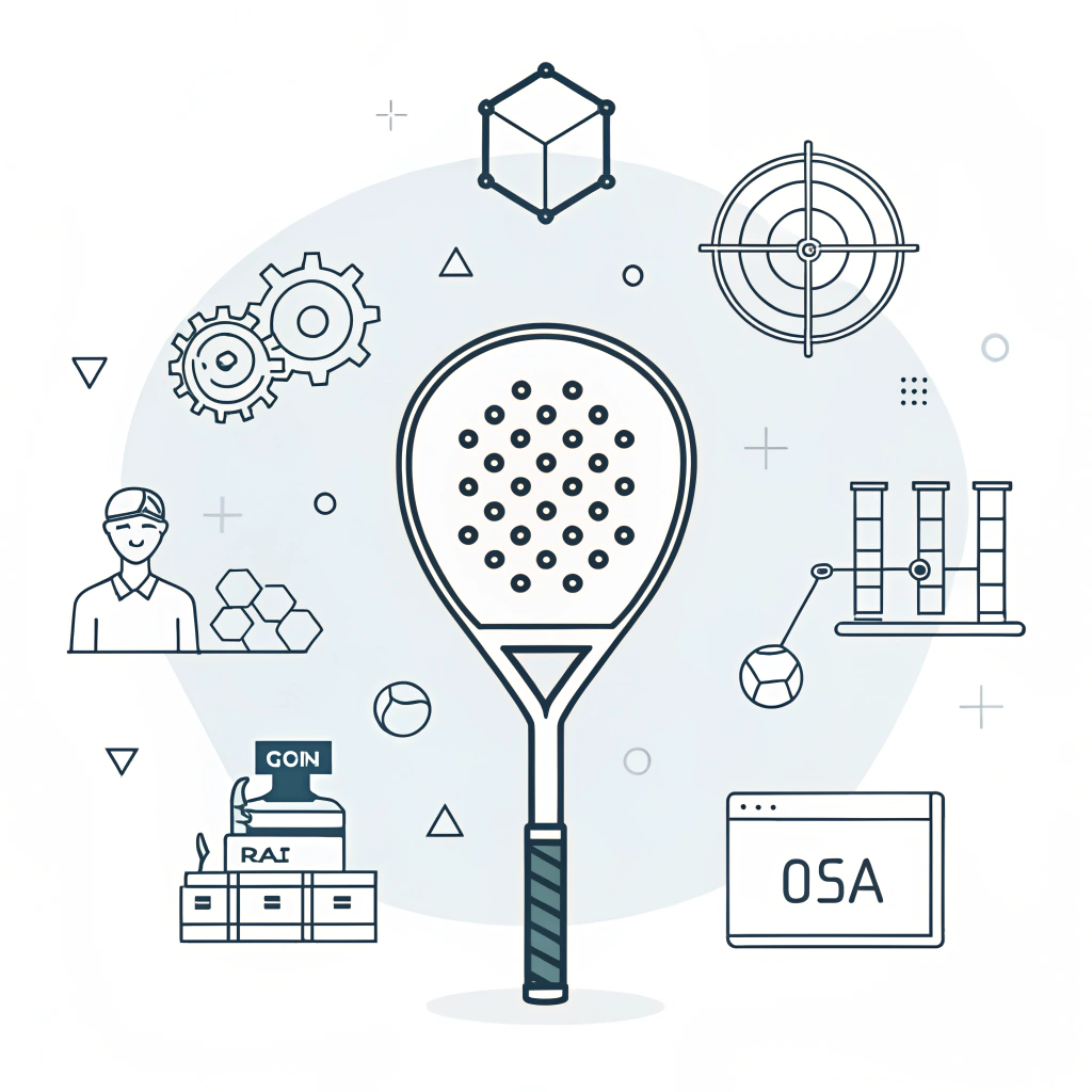 Clean minimalist illustration depicting a padel racket and abstract technical icons in a factory setting.