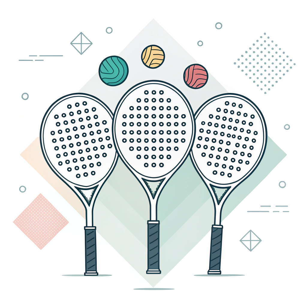 Minimalist illustration of three padel racket shapes with abstract carbon fiber textures.