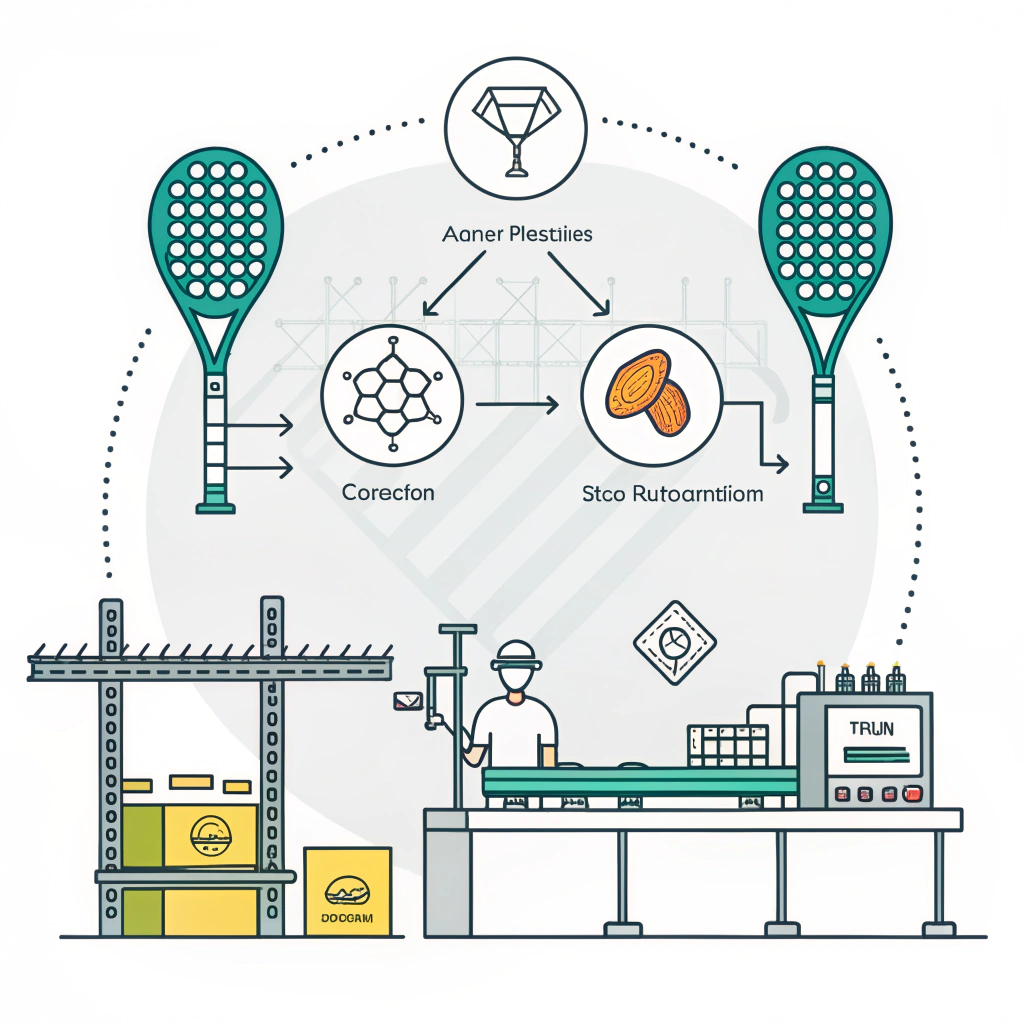 A 2D minimalist illustration of an innovative padel manufacturing facility featuring customizable racket shapes and automated assembly.