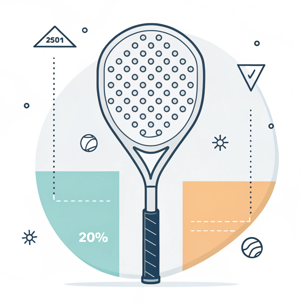 Minimalist 2D illustration of a sleek padel racket with subtle technical details.