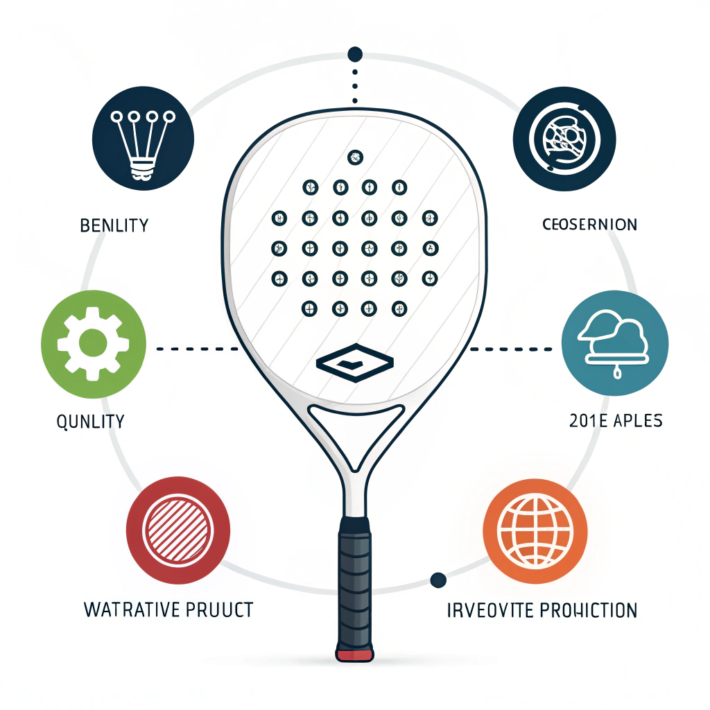 "A simple 2D padel racket with abstract quality and customization icons in a minimal style."