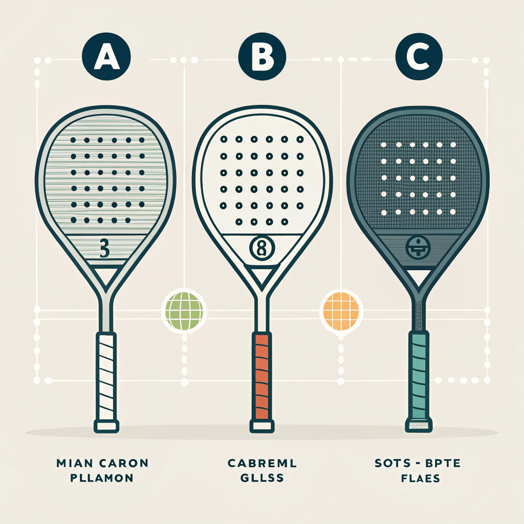 Minimal illustration of three padel rackets demonstrating varied fiber material applications
