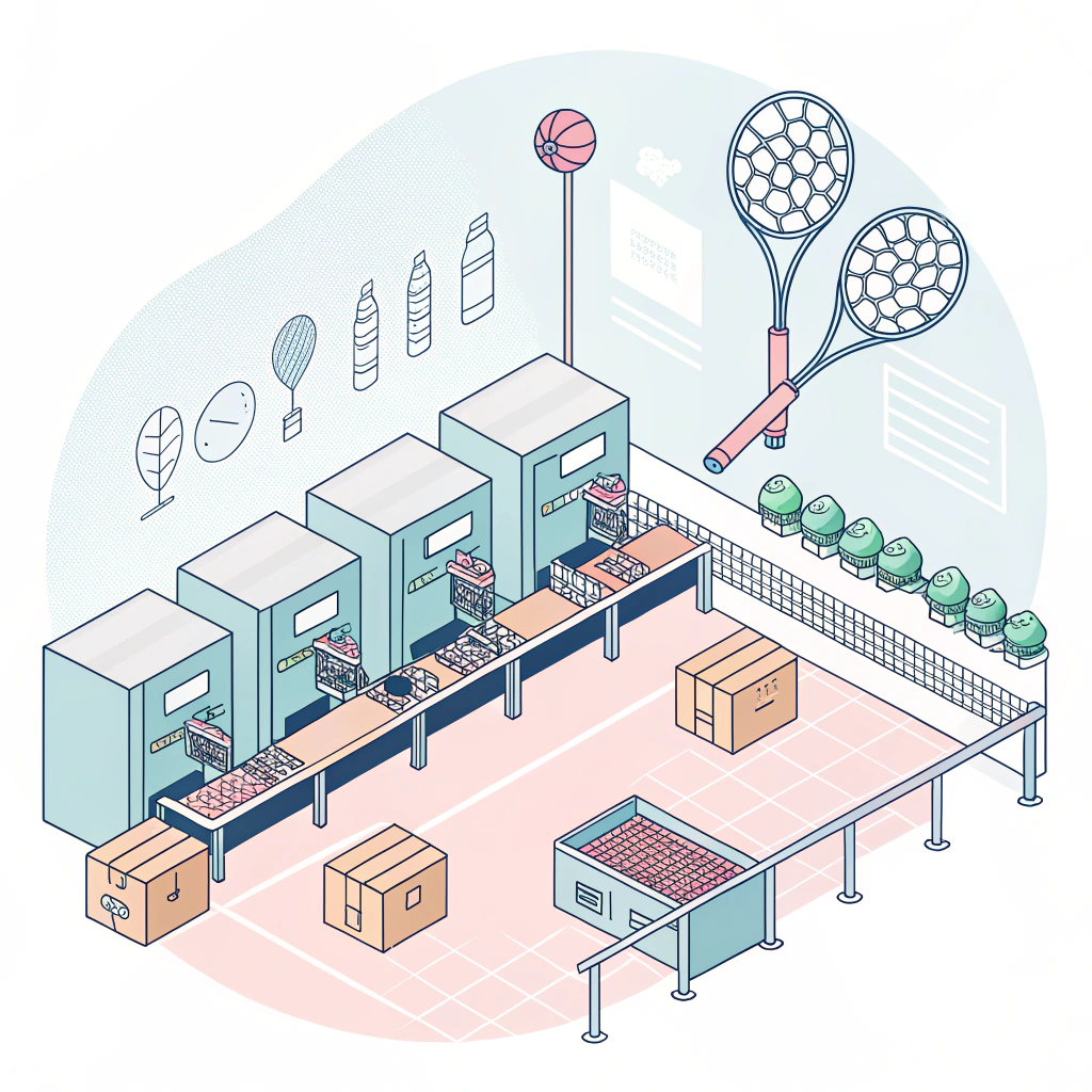 Simple 2D illustration of a modern padel equipment factory with assembly lines