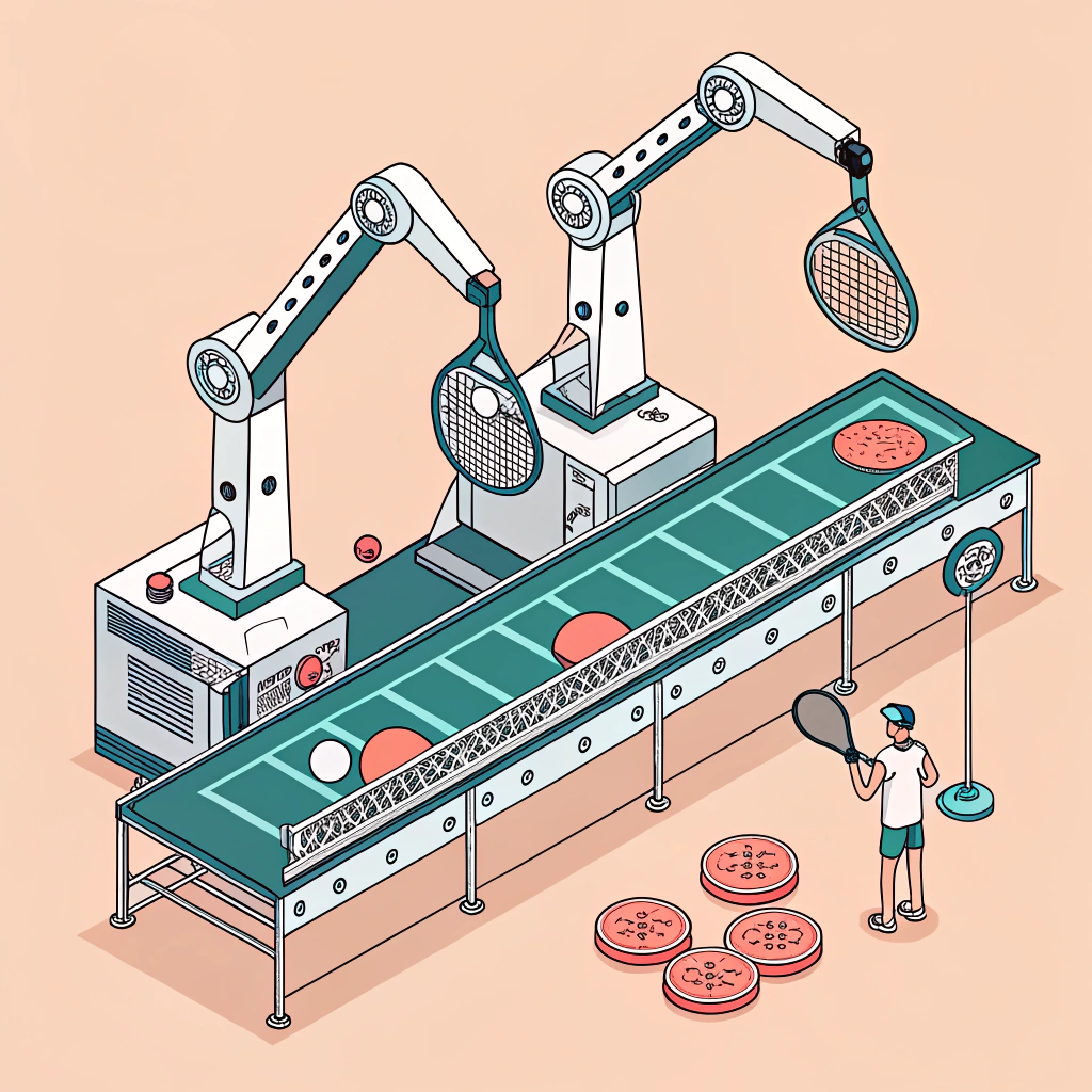 Minimal 2D illustration of robotics assembling padel rackets on a production line.