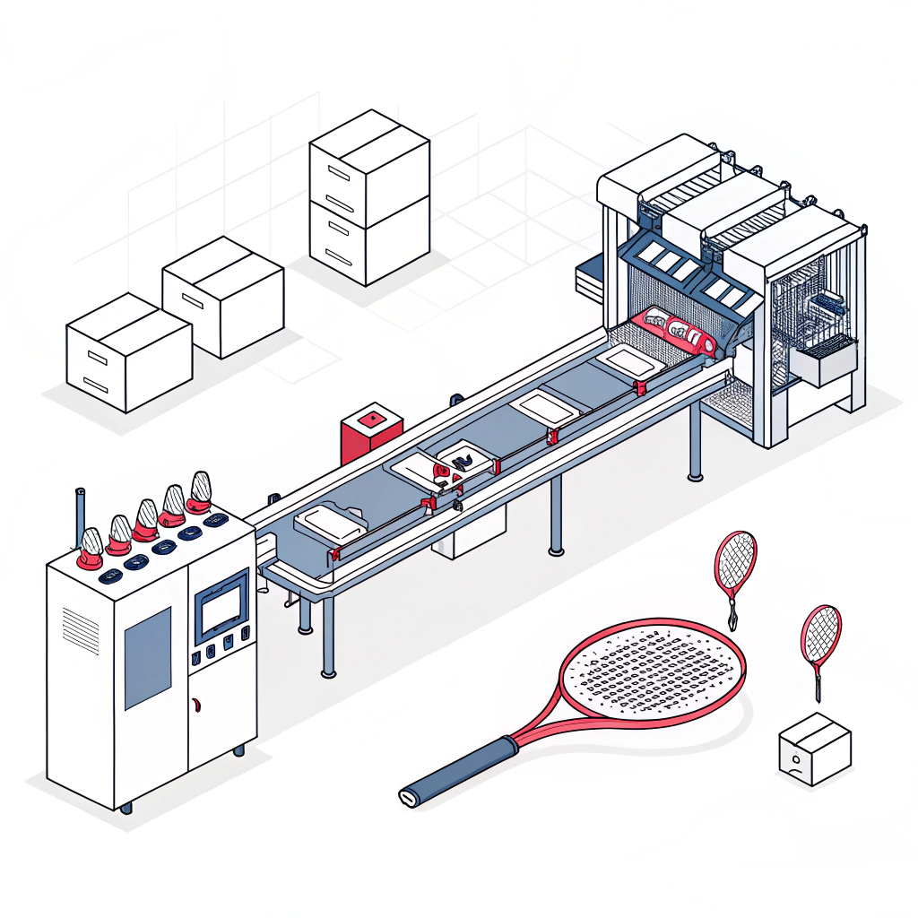 Minimal illustration of a futuristic padel racquet production line.