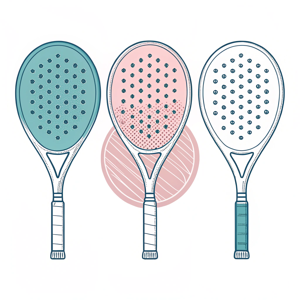 Minimal 2D illustration of three padel rackets in diamond, round, and teardrop styles