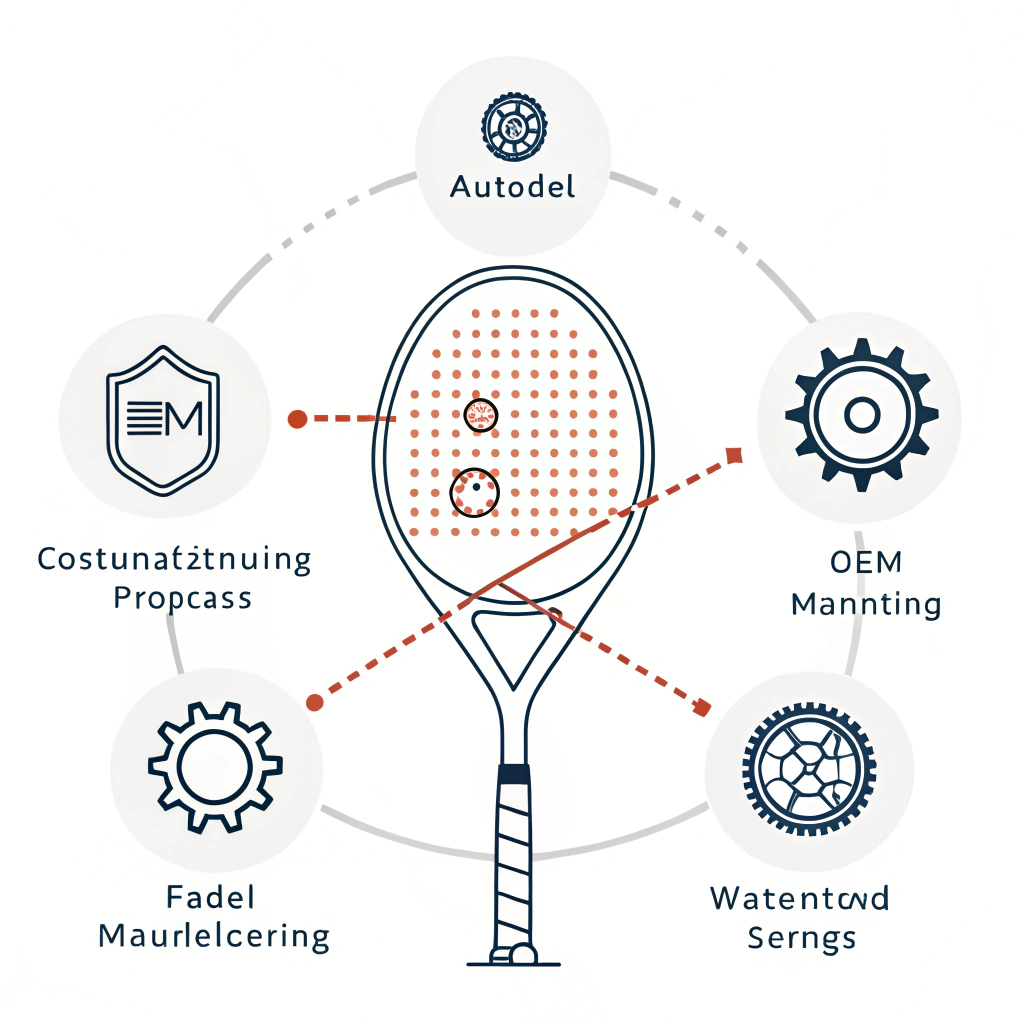 Minimalist 2D illustration of padel racket customization in an OEM manufacturing setting