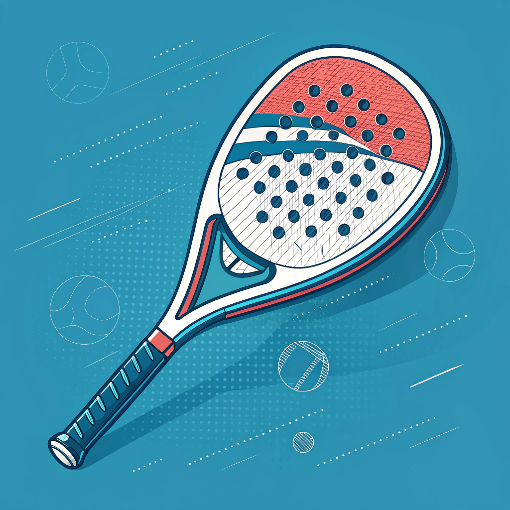 "Minimalist illustration of a futuristic padel racket with 3D printing elements."