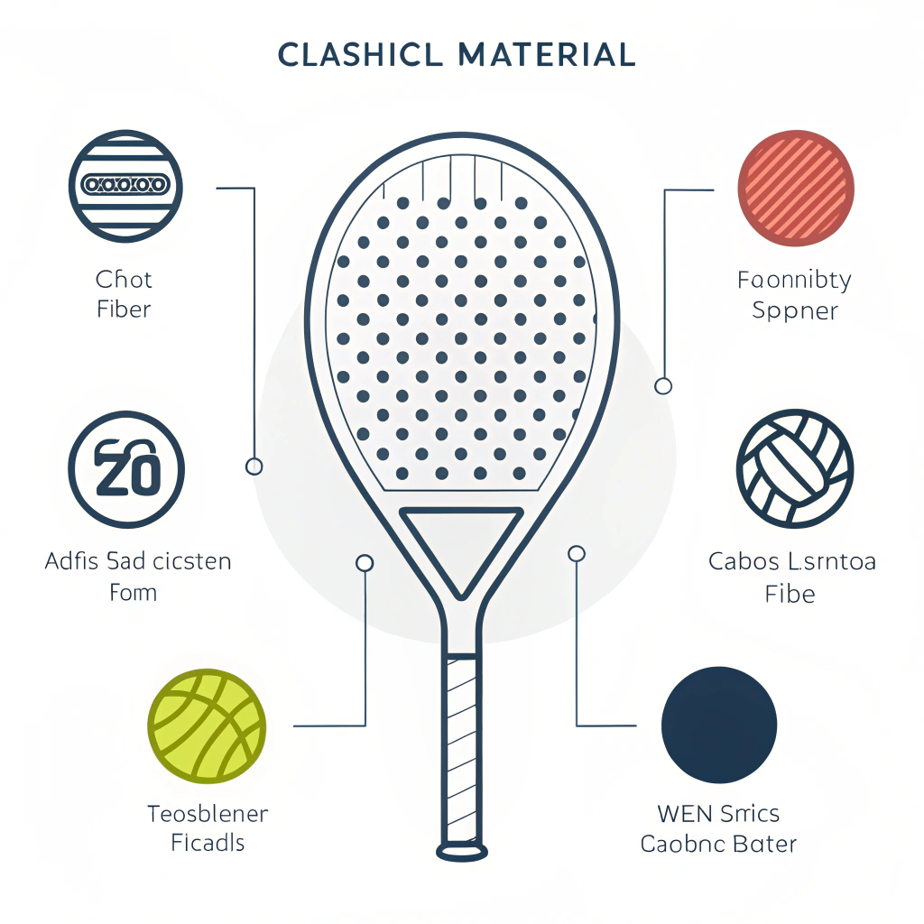 Minimalist digital illustration showcasing padel racket technical features and customization options in a modern flat style.