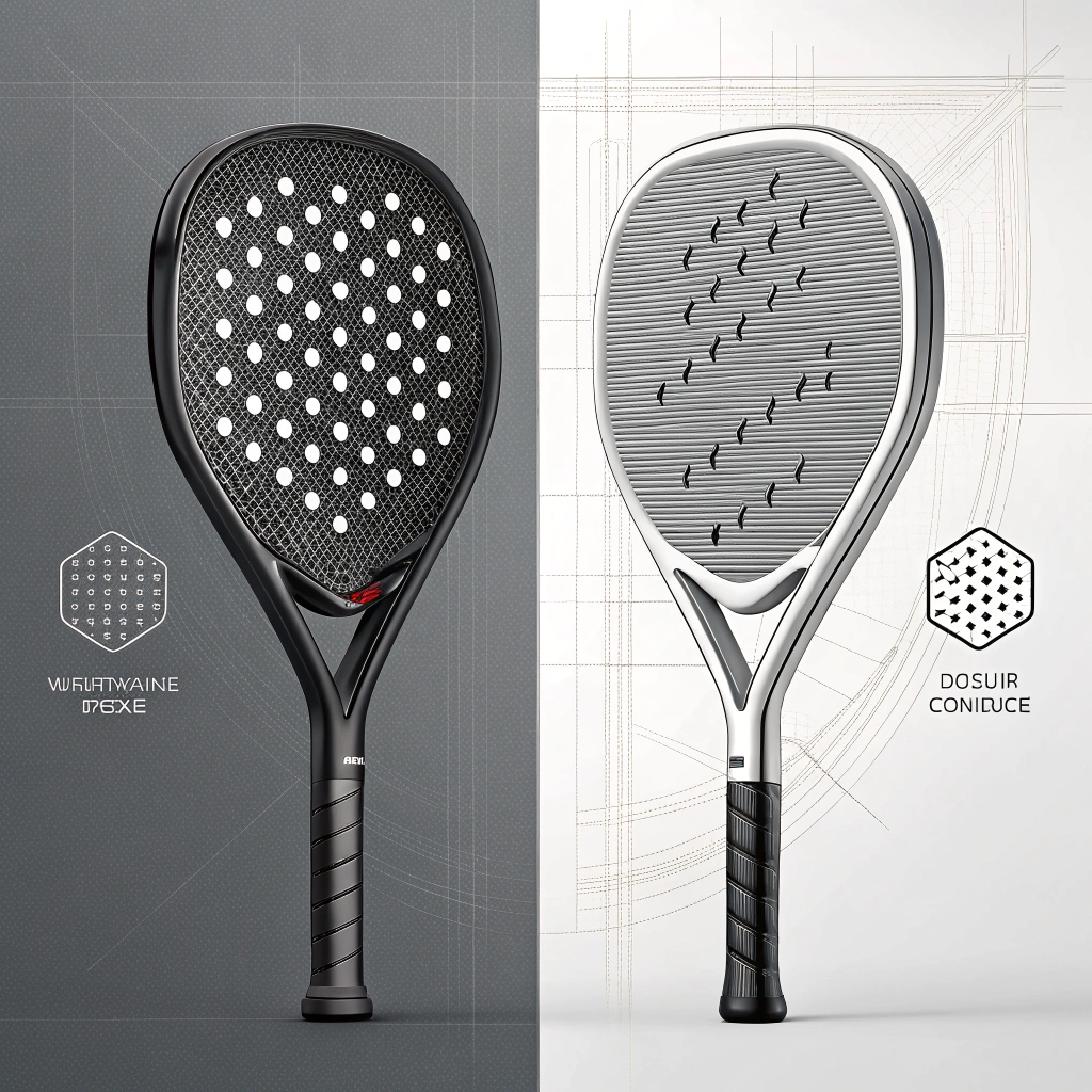 Minimalistic split-screen design showing carbon fiber and fiberglass padel racket textures