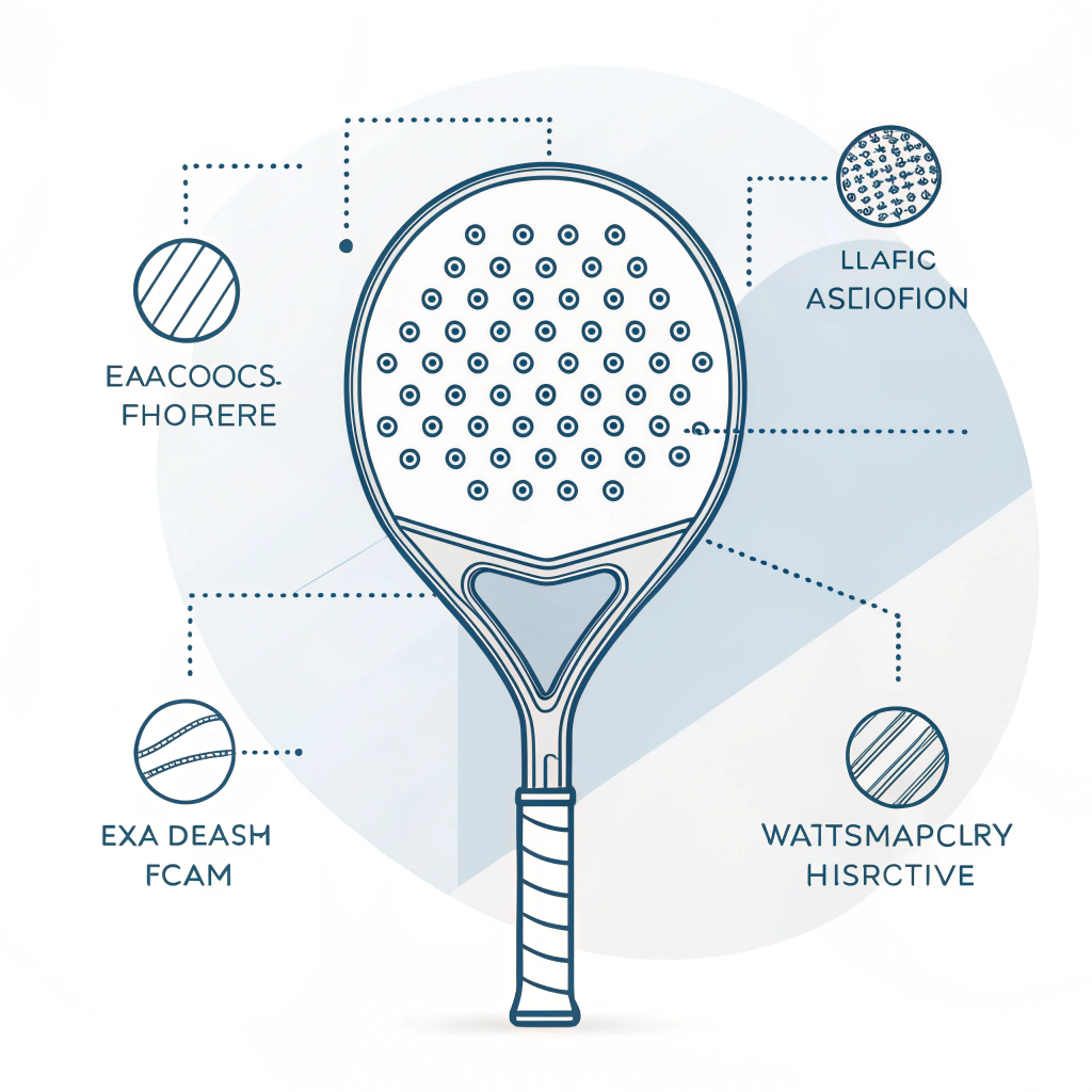 Minimal flat design depicting a padel racket with abstract, layered foam core in a technical style.