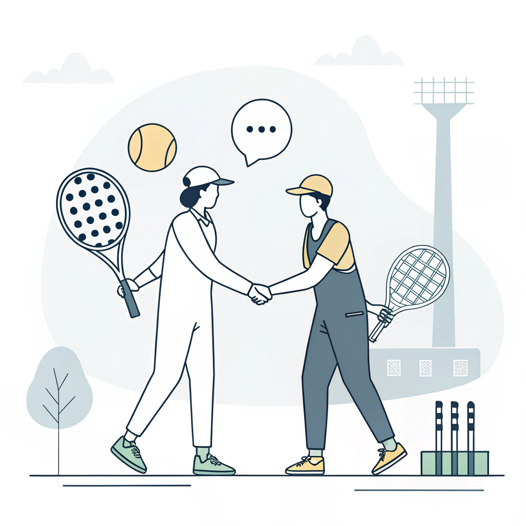Minimal illustration depicting industry collaboration with padel rackets and handshake in flat design