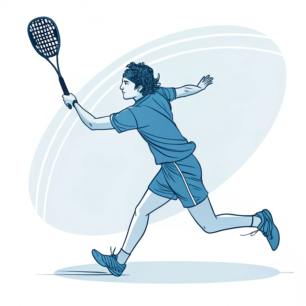 Minimalist flat art of a young player swinging a carbon fiber padel racquet
