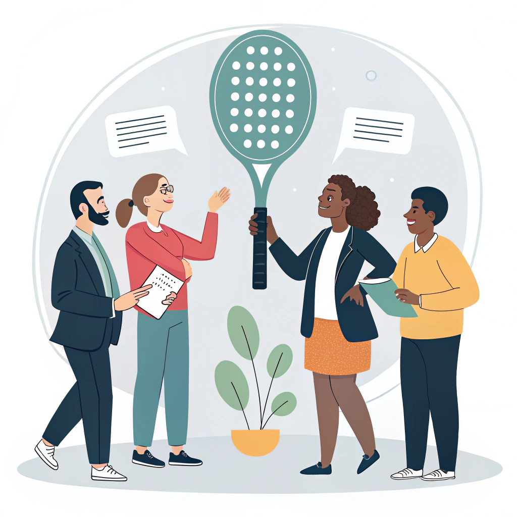 Minimal 2D illustration of professionals discussing a padel racket in a meeting