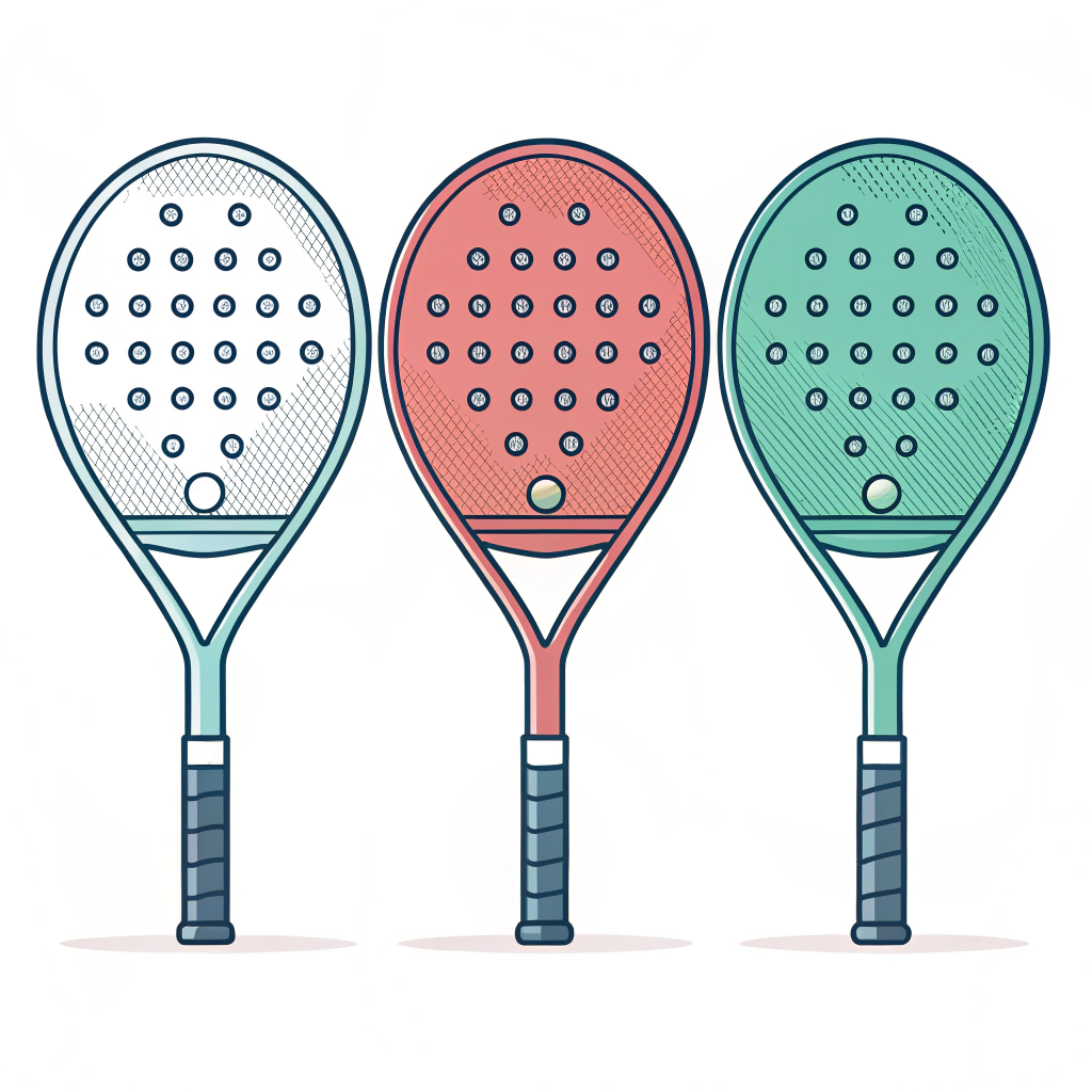 Minimal 2D illustration showing three padel rackets in different shapes