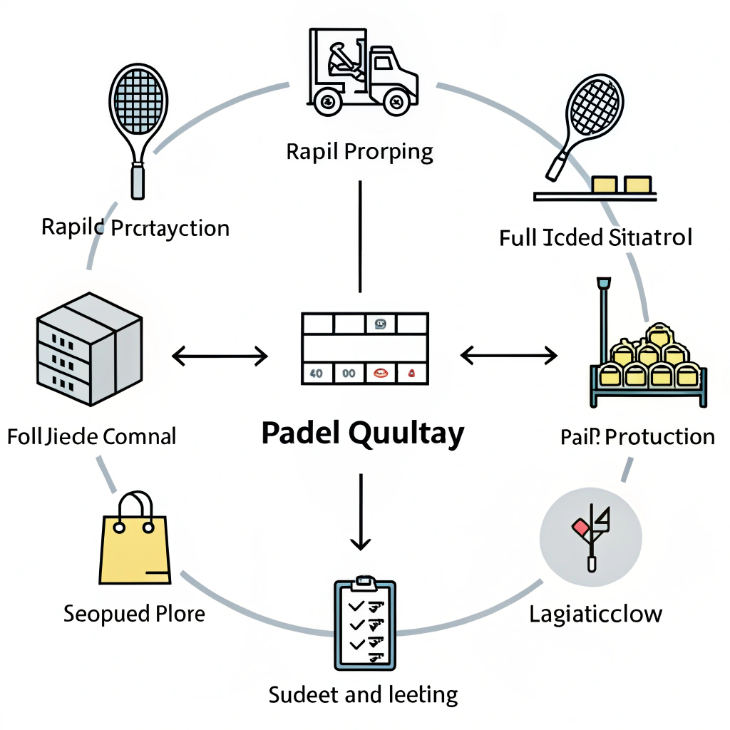 A minimal illustration showing a sequential production and distribution chain for padel equipment with simple icons.