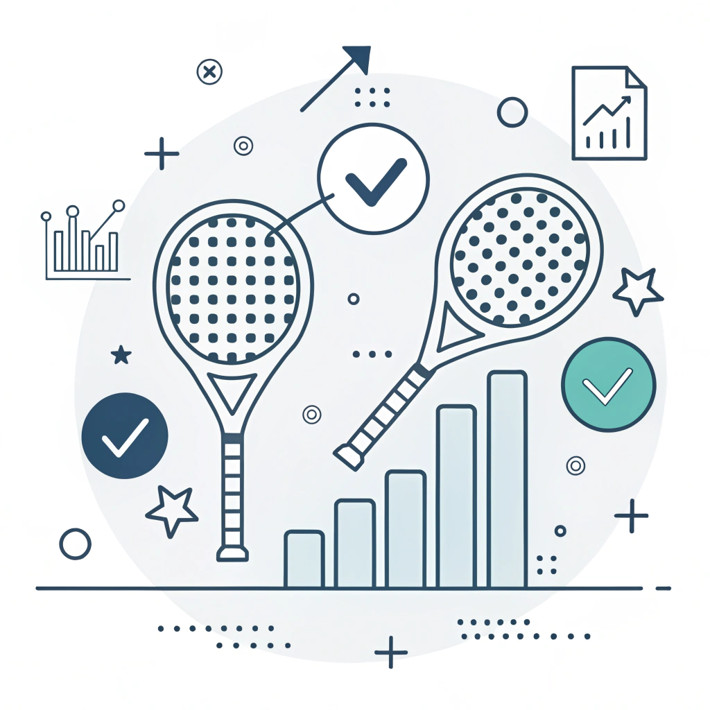 Minimal flat illustration of padel rackets with abstract data elements representing quality insights and successful case studies.