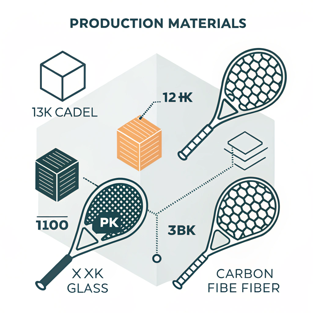 "Minimalist illustration of carbon and glass fiber production elements for padel rackets"
