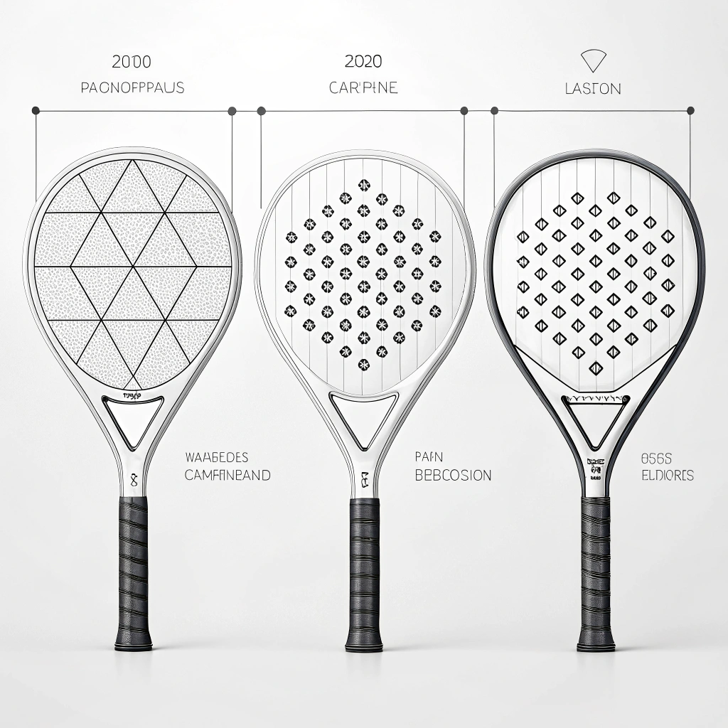 Minimalist illustration of various padel rackets highlighting technical design.