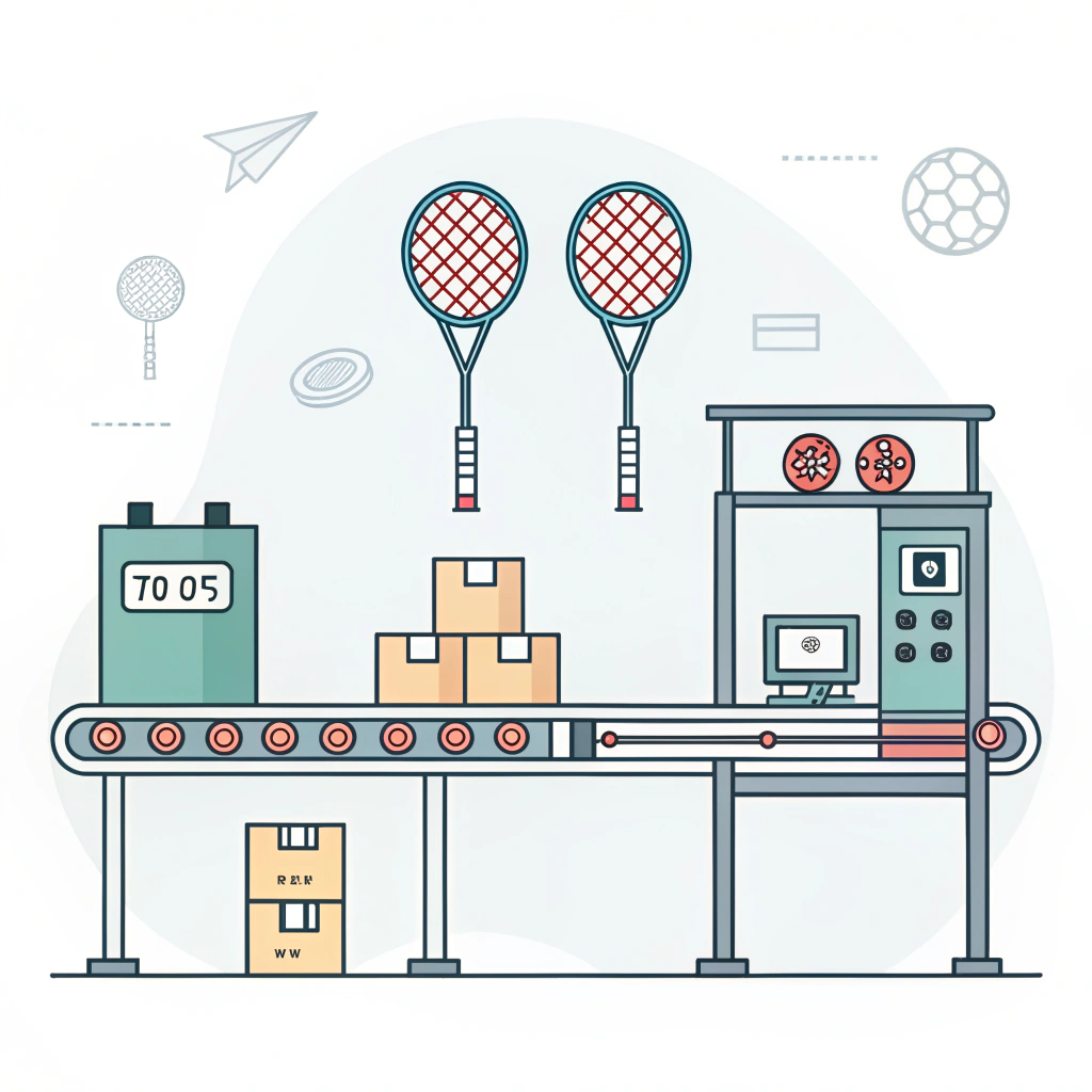 Minimalistic depiction of a padel racket production line with quality control details