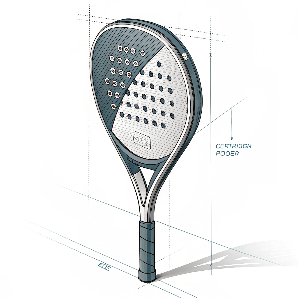 Minimal modern padel racket prototype with teardrop design and carbon fiber details