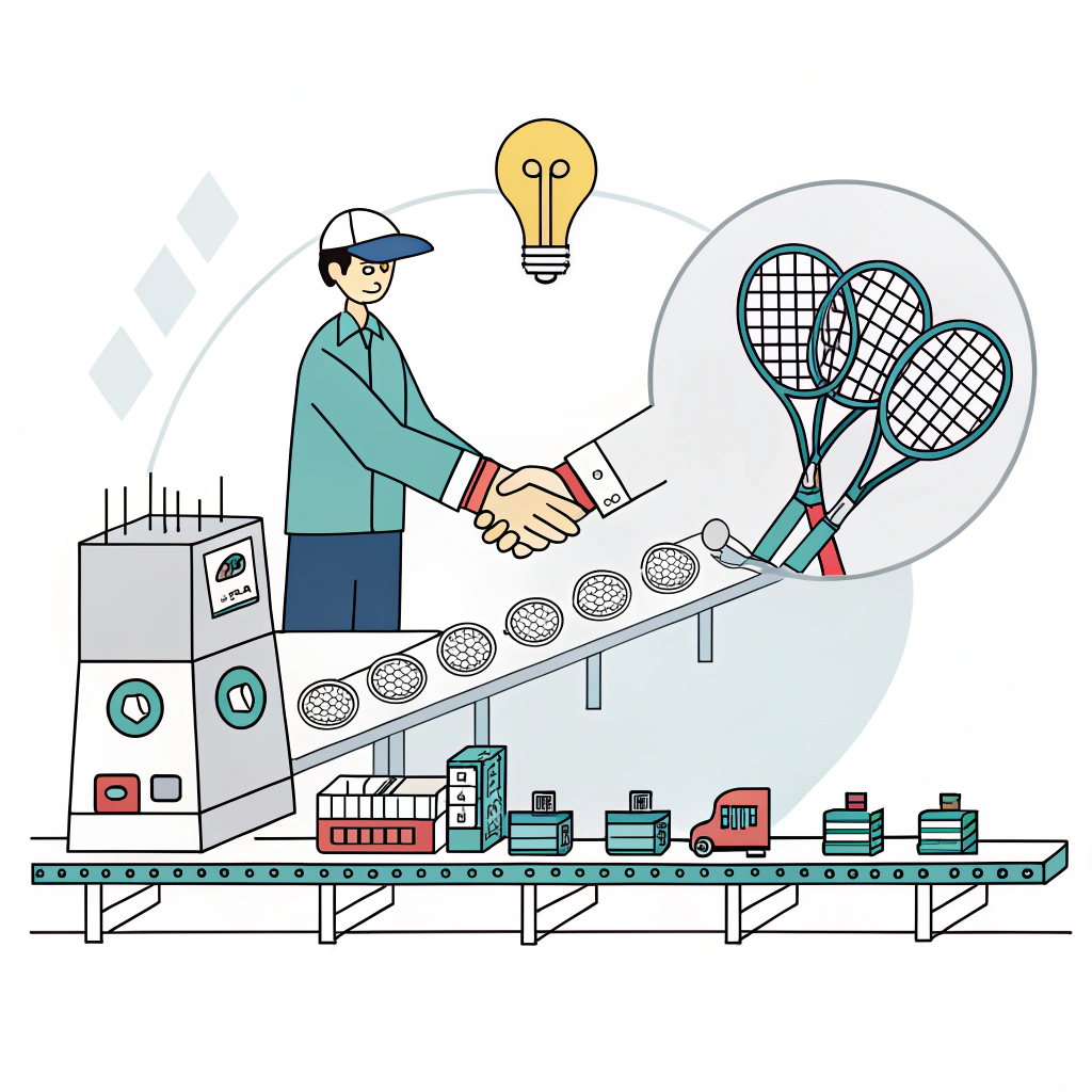 Minimalist illustration of padel racket production and business collaboration with a handshake symbol