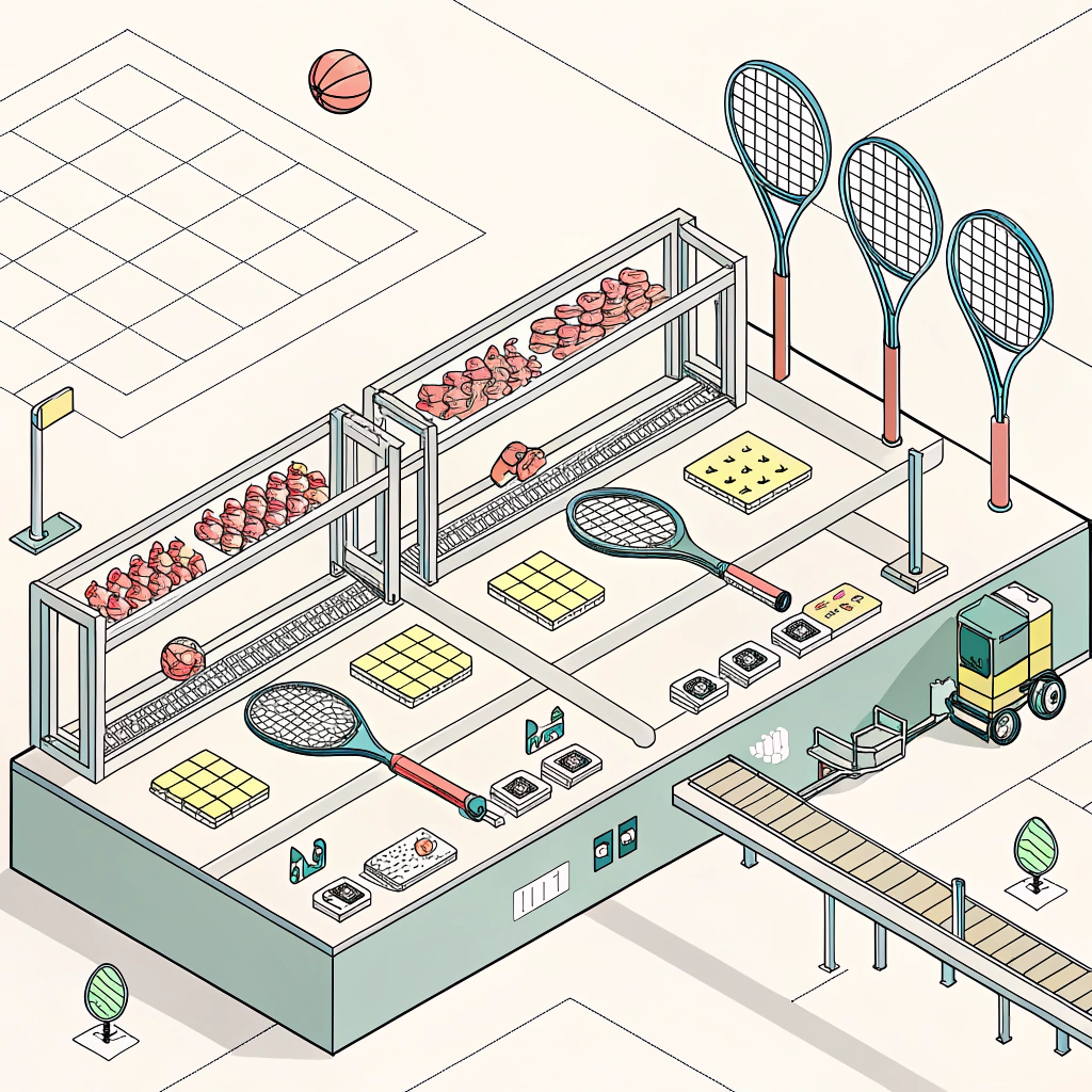 Minimalistic illustration of padel racket assembly and customization workflow.