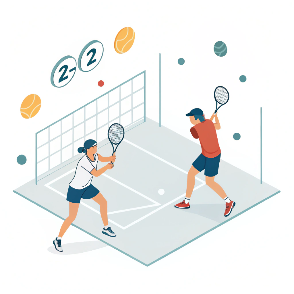 Minimalist 2D illustration of an energetic padel match with players and ball in motion