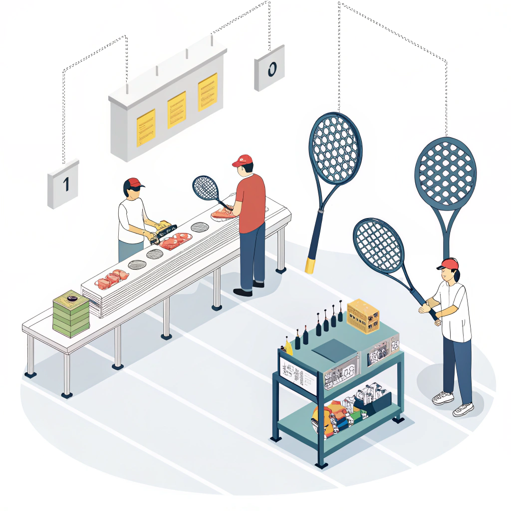 Minimal illustration of a modern padel racket production line with quality elements