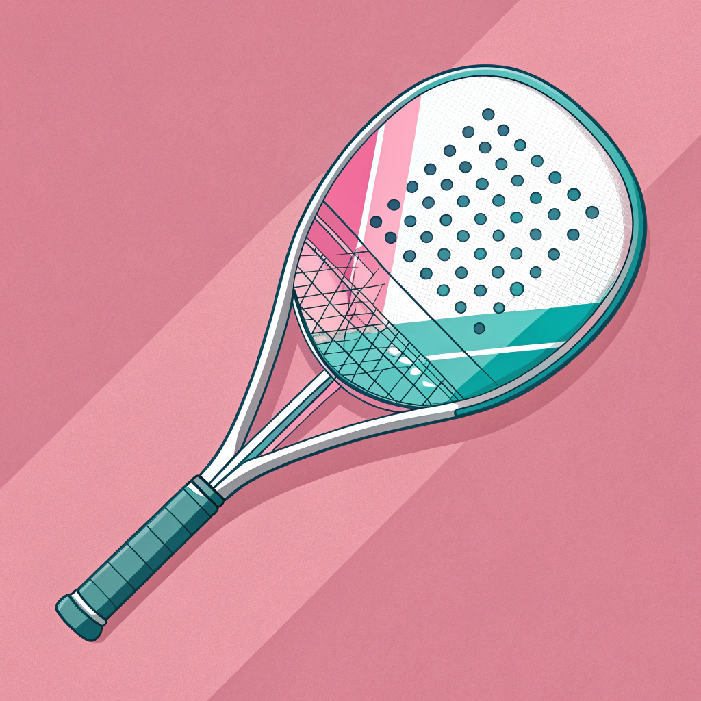 Minimalist 2D illustration with a sleek custom padel racket showing layered design details.