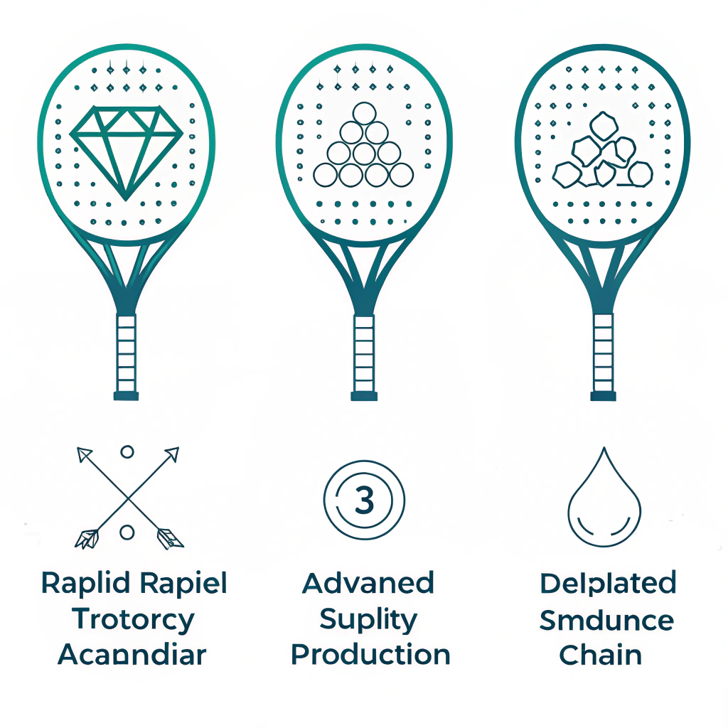 Minimalistic flat design featuring three padel racket shapes with abstract production and logistics symbols.