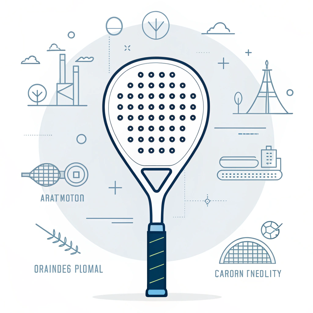 Minimalistic illustration of a padel racket highlighting advanced materials and precision manufacturing.