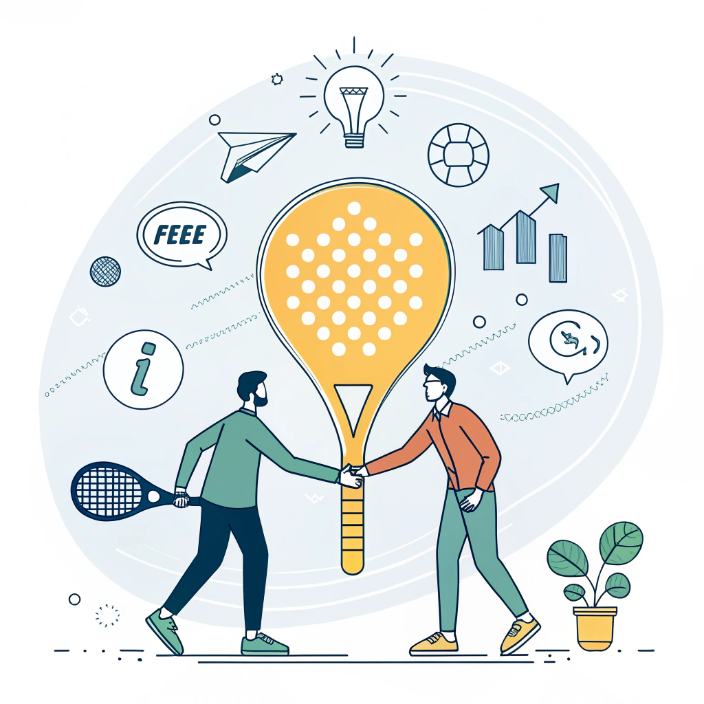 Minimalist illustration showing collaboration and innovation with symbolic handshake and padel racket imagery in manufacturing