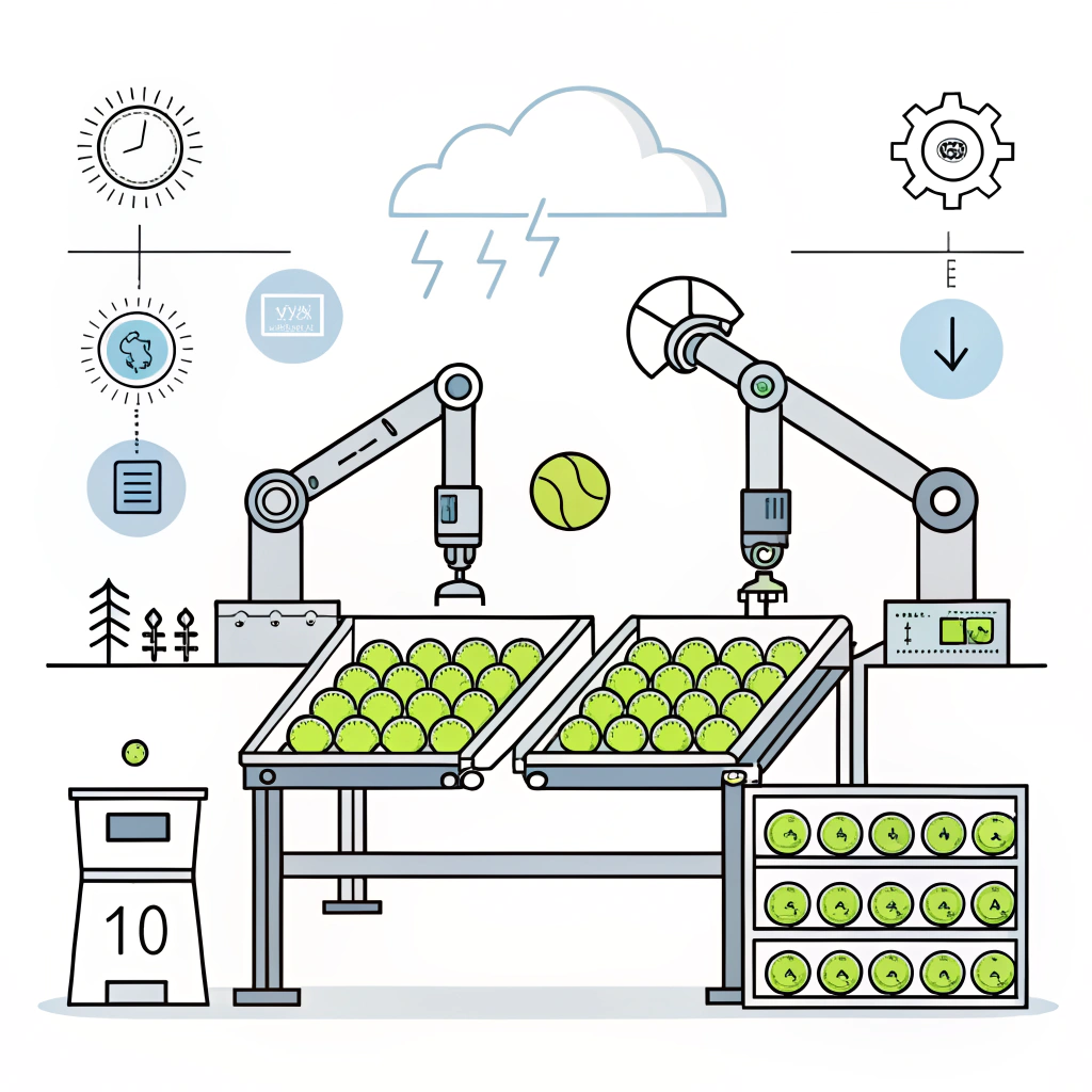 Simple line art depicting an automated padel ball manufacturing process with precision elements.