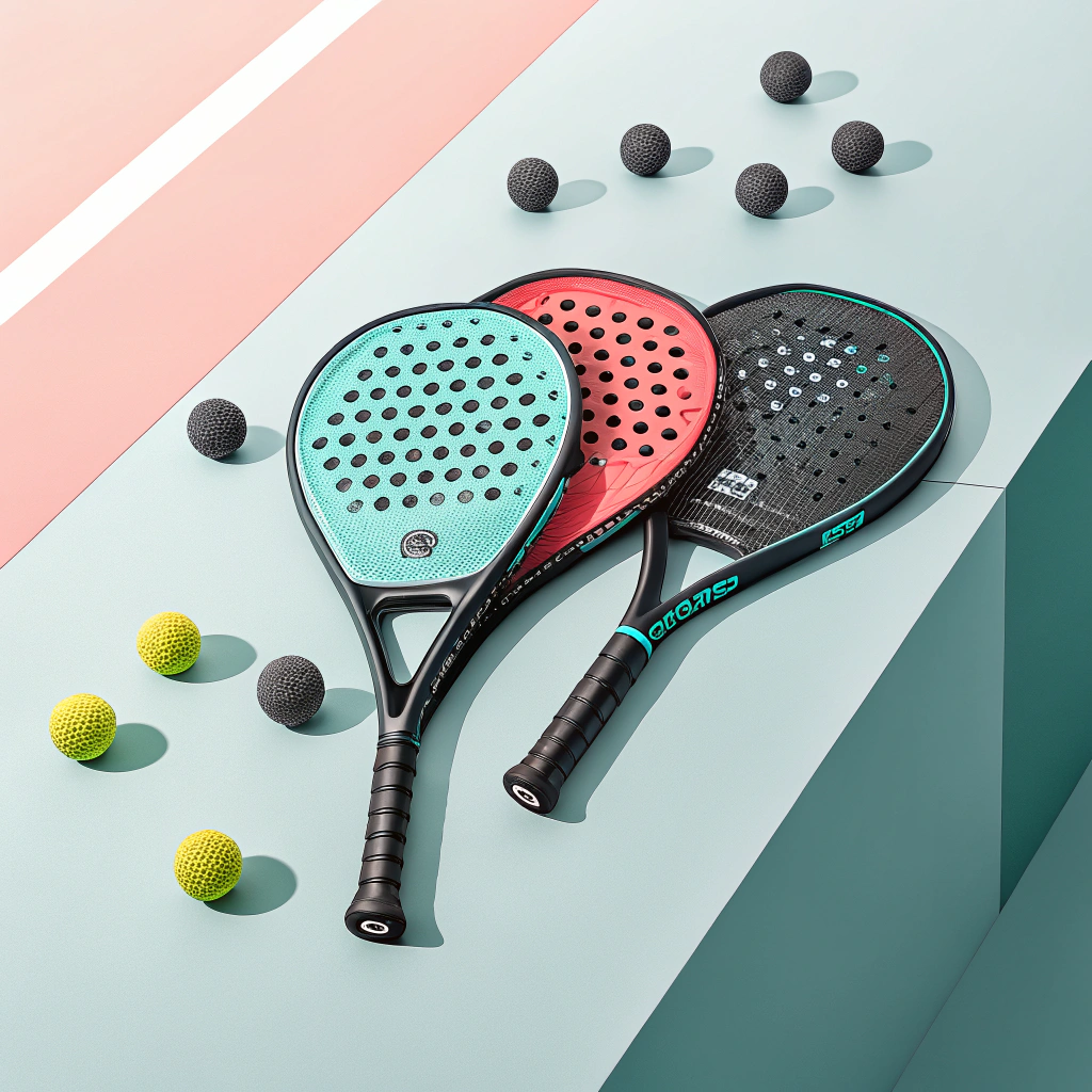 "Minimalist flat art showcasing futuristic padel rackets and ball with advanced design elements"