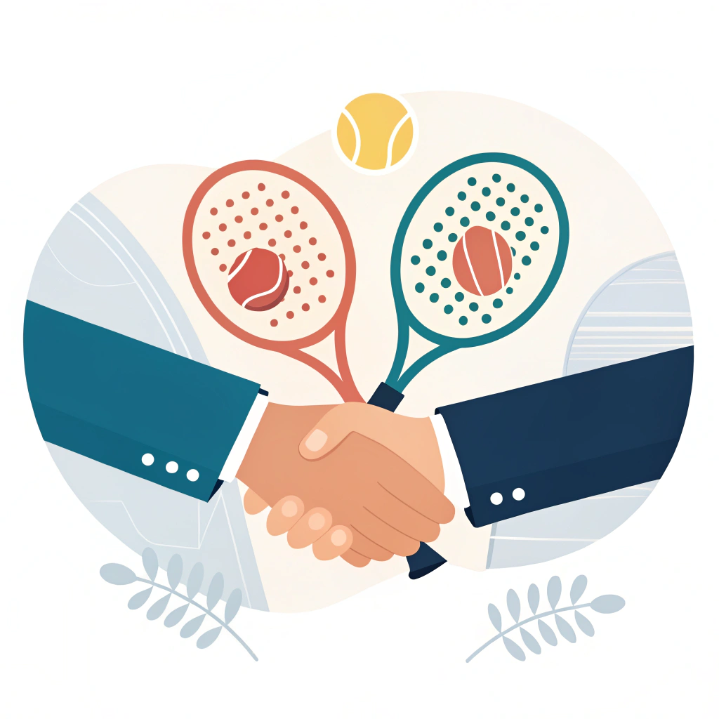 Simplified 2D illustration of a partnership handshake with padel elements in abstract style