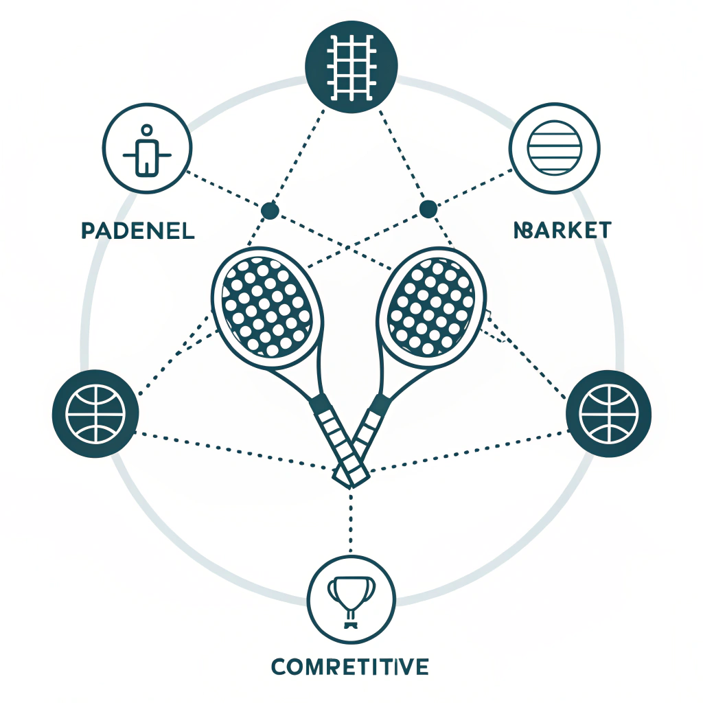 Flat minimalist illustration of a connected padel racket supply chain network.