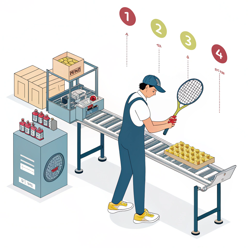 Clean, simple vector illustration of padel racket quality check and packaging process.