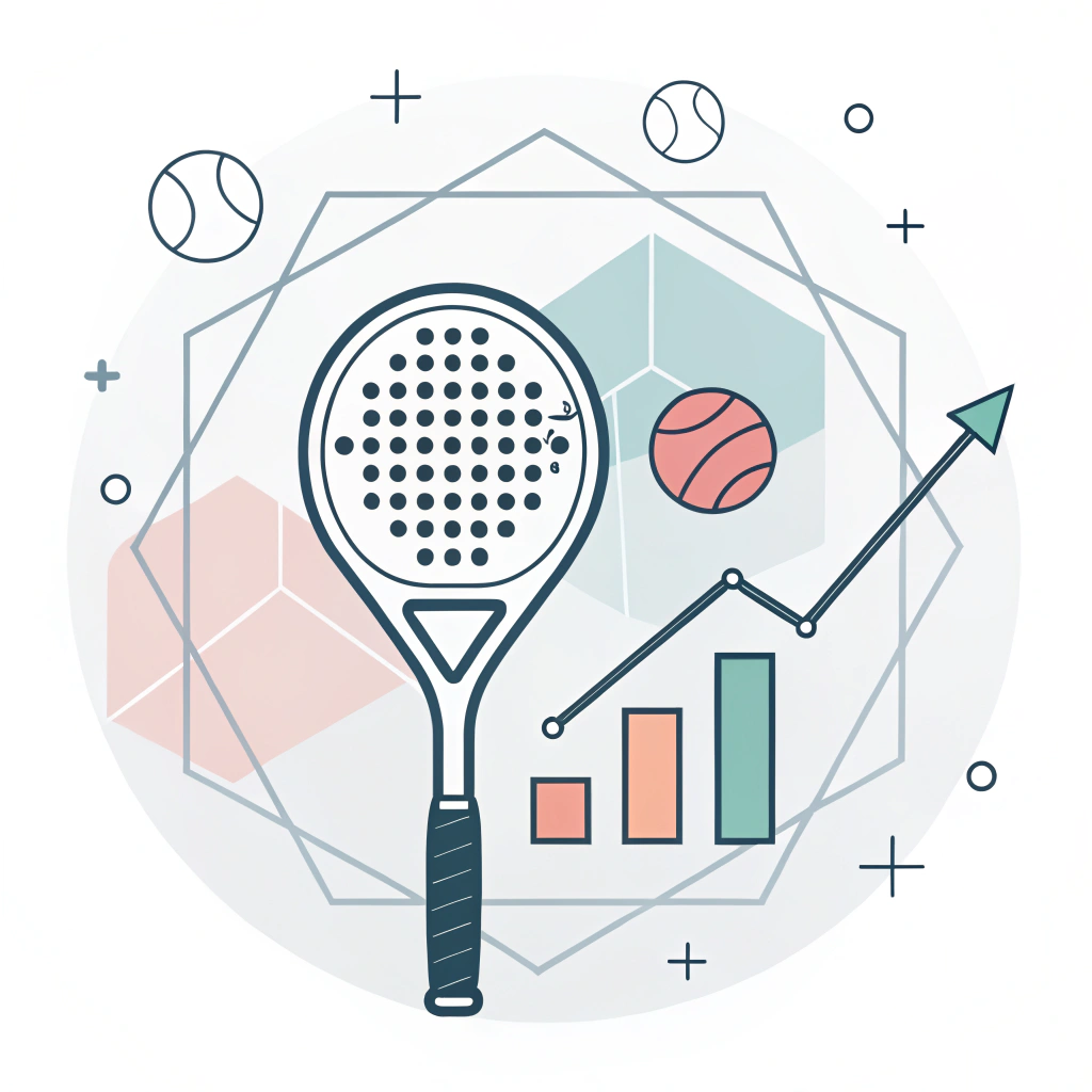 Clean 2D flat illustration of a padel racket with abstract performance metric elements in the background