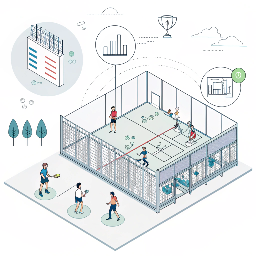 Minimalist depiction of project management and ROI analysis with padel design elements.
