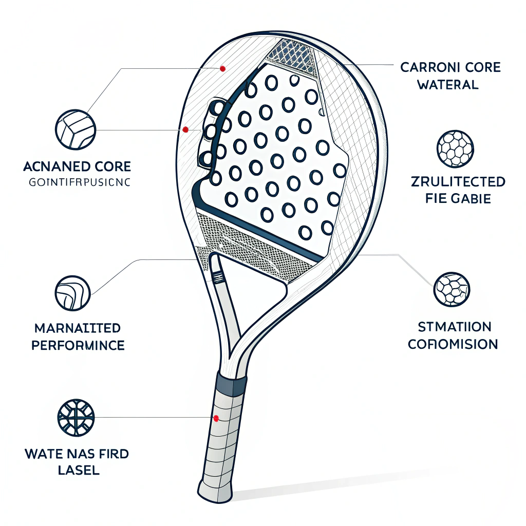 Minimalistic art of a padel racket with exposed carbon fiber layers and technical details.