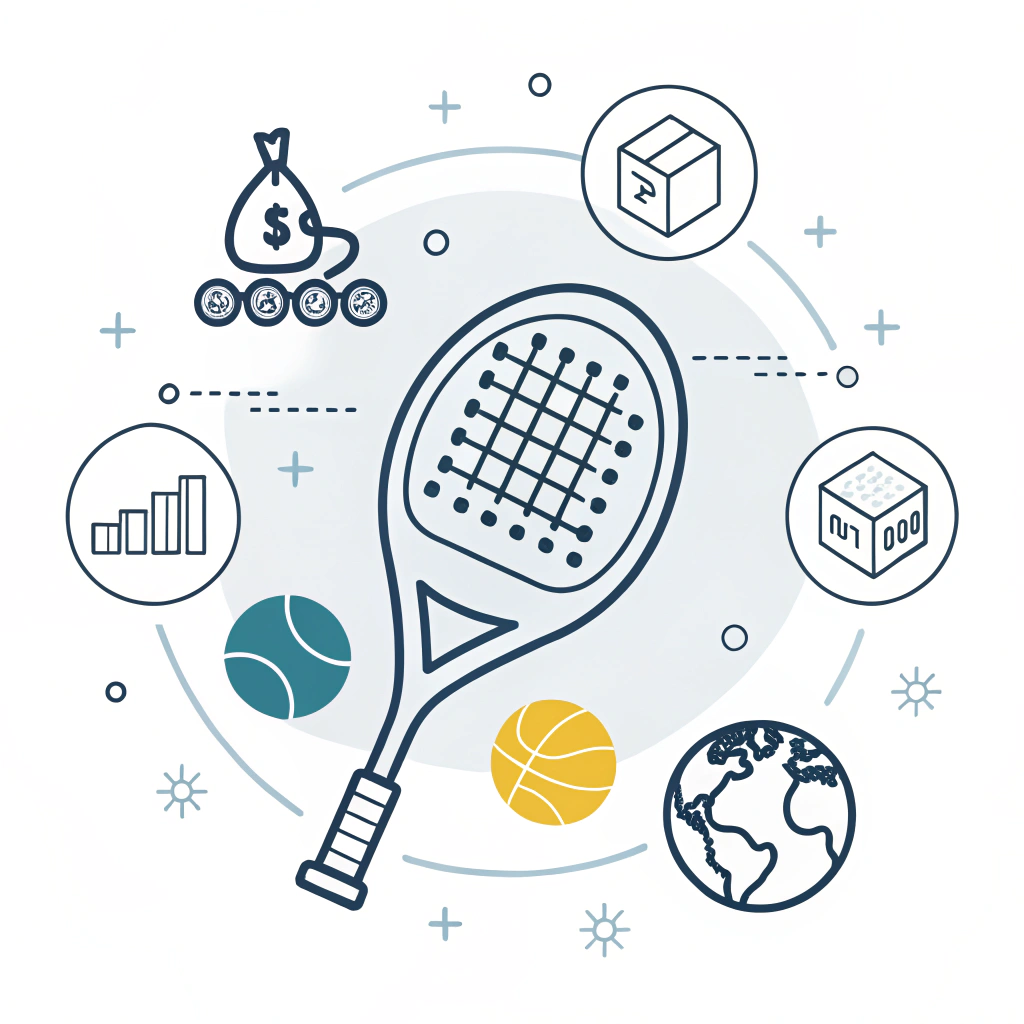 2D flat design padel racket with abstract icons representing innovation and market growth.