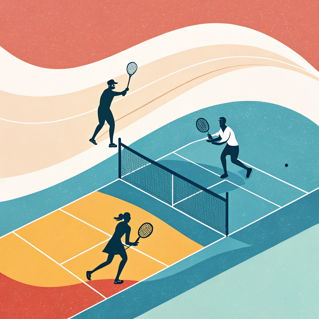 Minimalist 2D illustration of international padel tournament scene