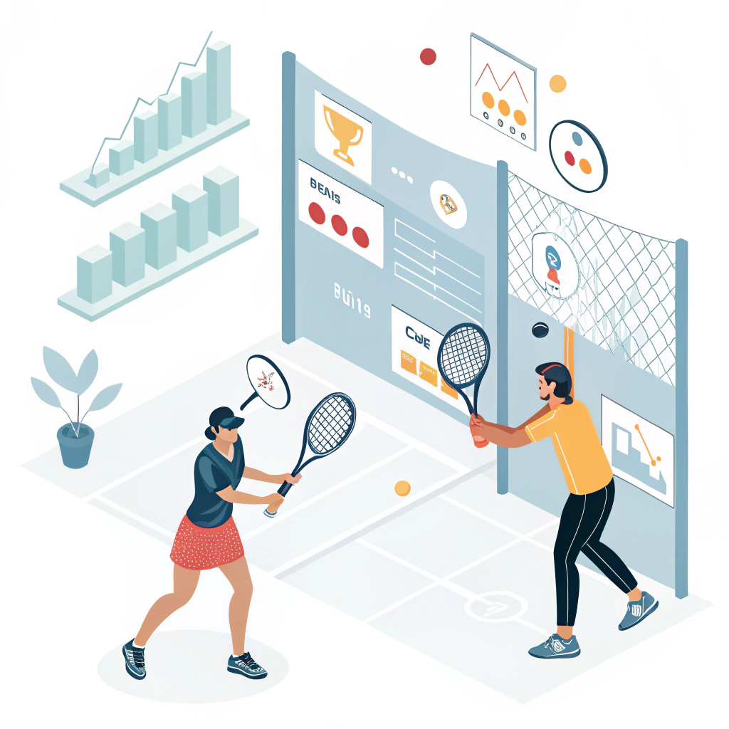Minimalist 2D depiction of interactive padel event with digital analytics elements