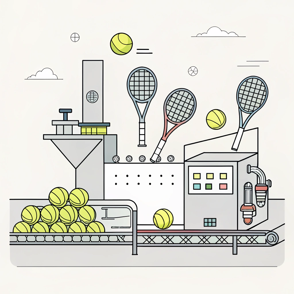 Minimalistic 2D illustration of padel ball production in a modern factory