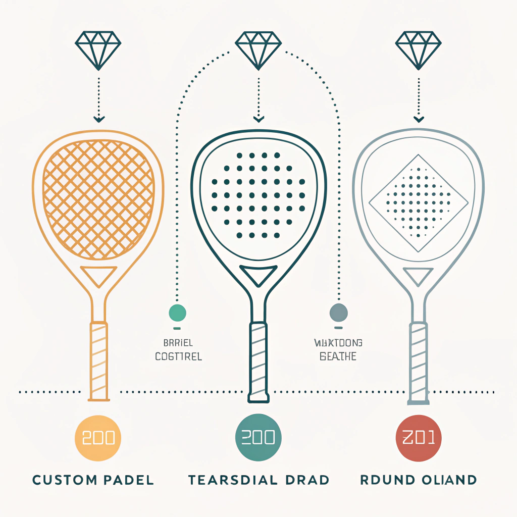 Simplistic illustration of various custom padel racket shapes with unique color accents.